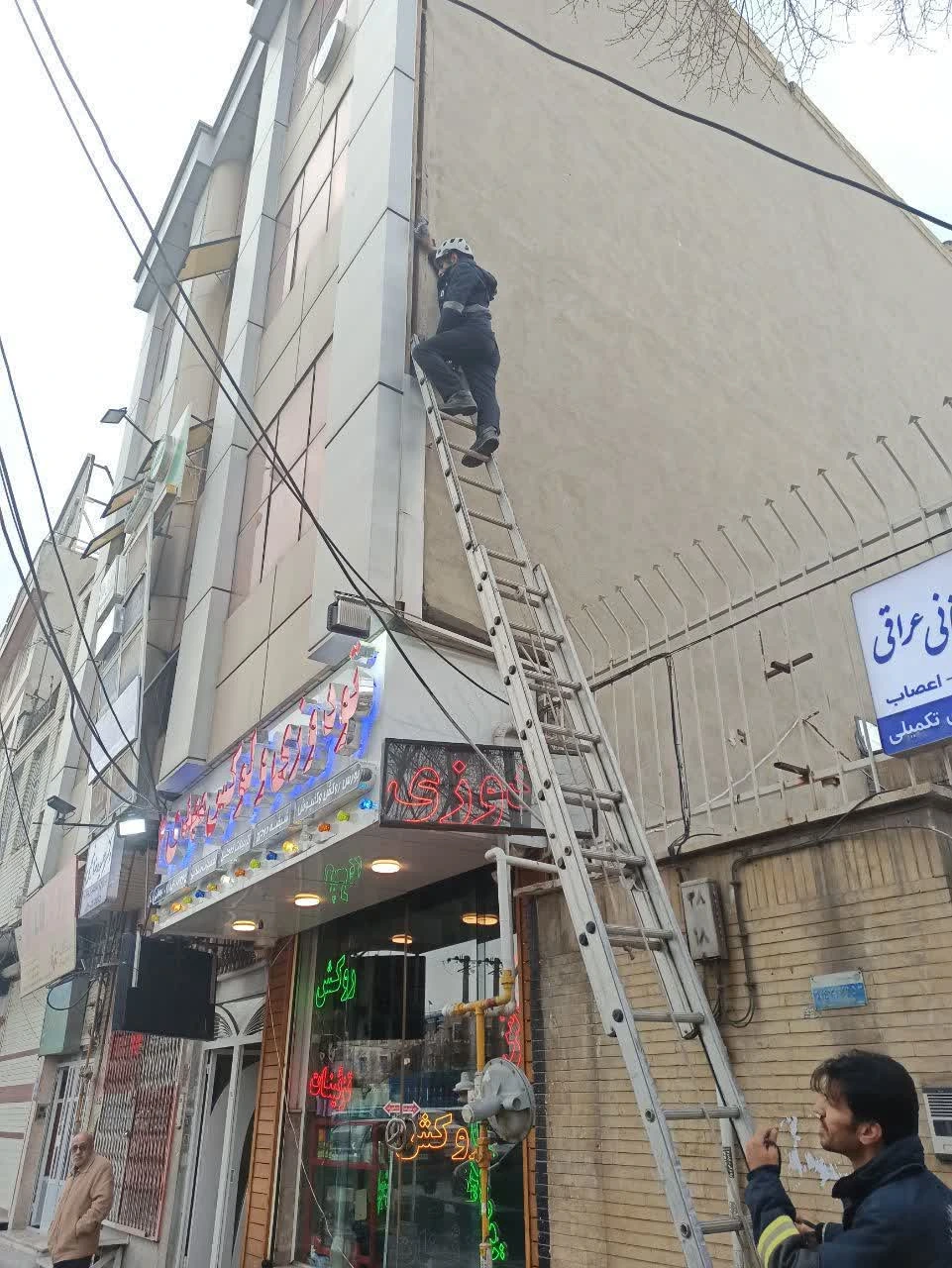 Rescuing a trapped pigeon on a building facade with timely action by Arak firefighters