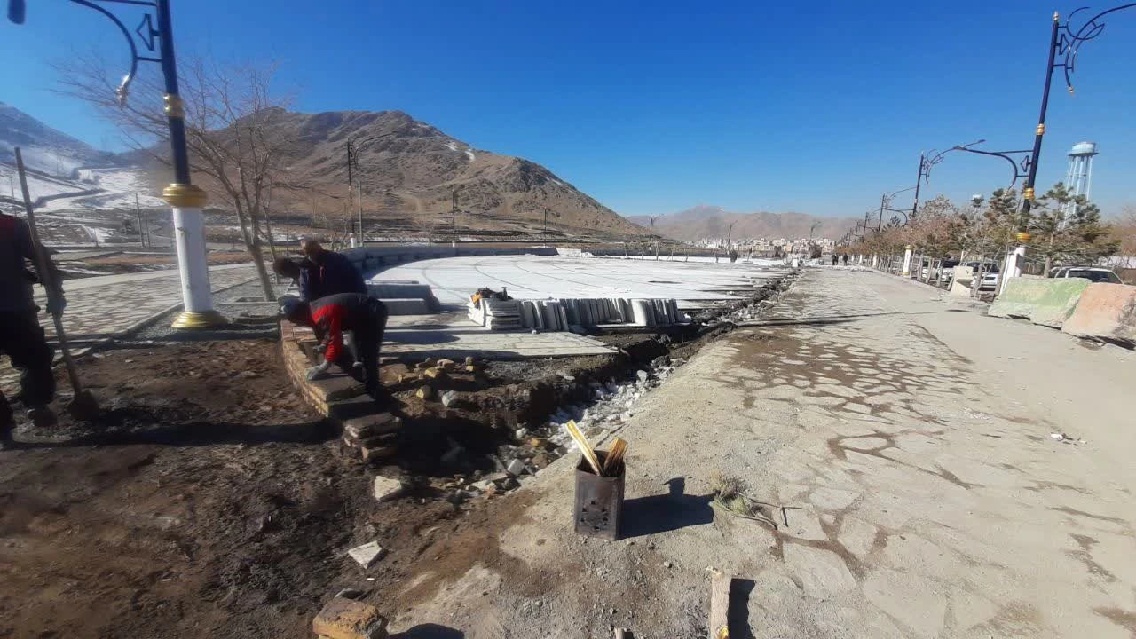 Progress of construction operations in the Gerdoo tourism project; road subgrade works and plaza wall construction